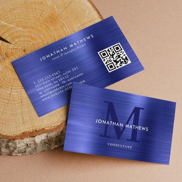 modern qr code brushed metallic blue monogram business invitations