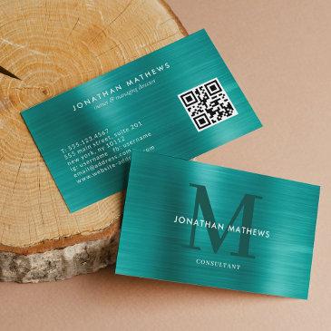 modern qr code brushed metallic teal monogram business invitations