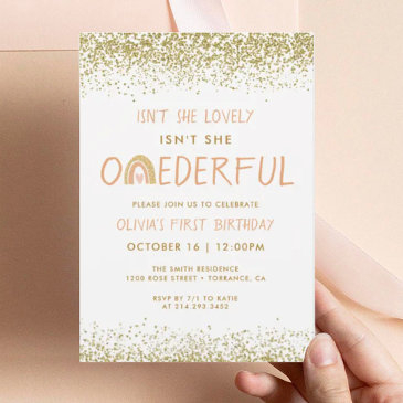 modern rainbow girl first onederful birthday invitation