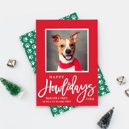 Small Modern Red Green Happy Howlidays Puppy Dog Photo Holiday Invitations Front View