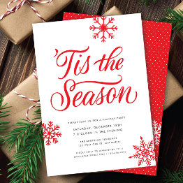 Small Modern Red Script 'tis The Season Christmas Party Invitation Front View