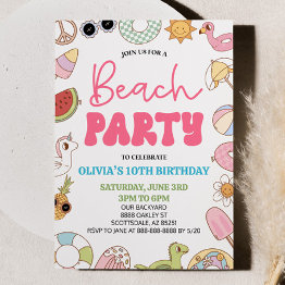 Small Modern Retro 70's Summer Birthday Beach Party Invitation Front View