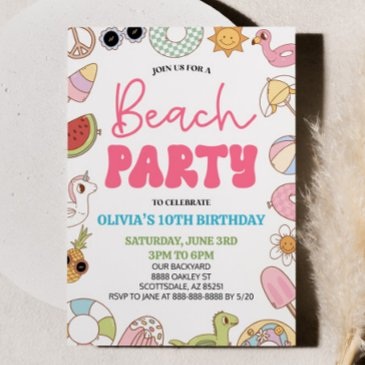modern retro 70's summer birthday beach party invitation