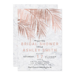 Small Modern Rose Gold Palm Tree Marble Bridal Shower Invitation Front View