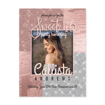 modern rose gold silver glitter photo sweet 16 invitation postinvitations