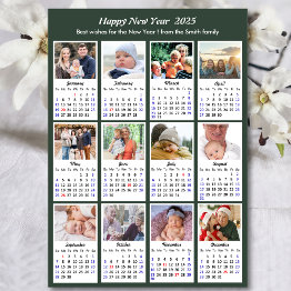 Small Modern Sage Green 2025 Calendar 12 Photo Collage Holiday Invitations Front View