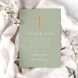 Small Modern Sage Green Cross Baptism Thank You Invitations Front View