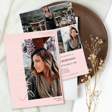 modern script 4 photos pink sweet 16 rose gold foil invitation