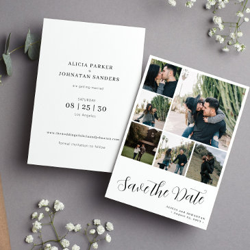 modern script 6 photo collage simple wedding save the date