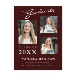 Small Modern Script Burgundy Graduate Announcement Postinvitations Front View