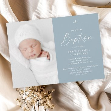 modern script dusty blue boys photo baptism invitation