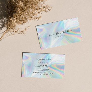 modern script faux holographic beautician makeup business invitations