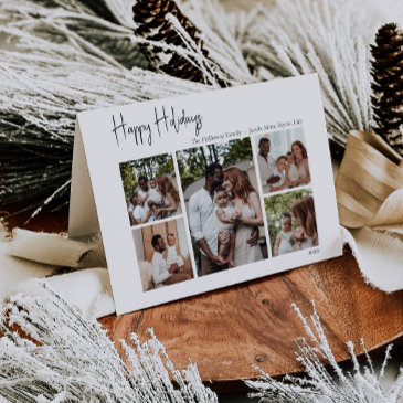 modern script happy holidays folded five-photo holiday invitations