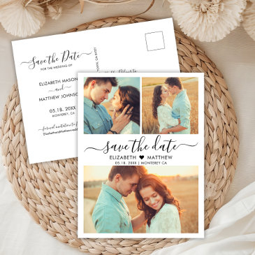 modern script heart 3 photo collage save the date announcement postinvitations