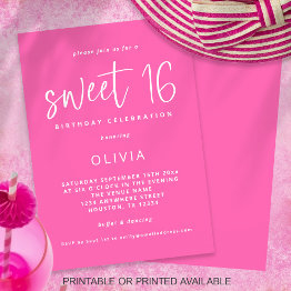 Small Modern Script Hot Pink Sweet 16 Birthday Party Invitation Front View