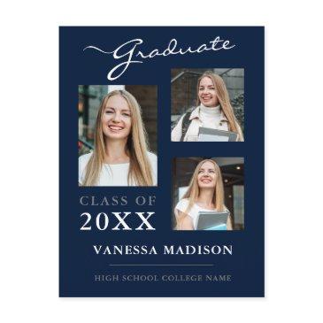modern script navy blue graduate announcement postinvitations
