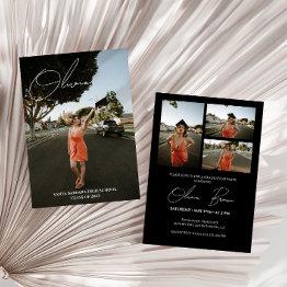 Small Modern Script Photo Collage Graduation Party Invitation Front View