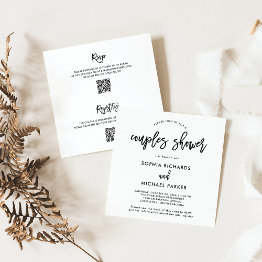 Small Modern Script Qr Code Rsvp Registry Couples Shower Invitation Front View