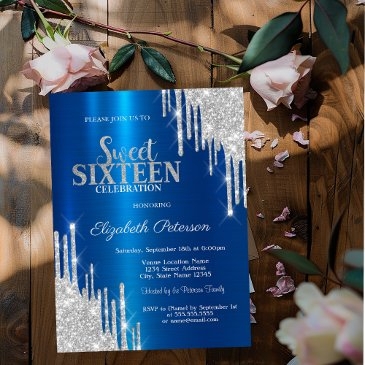 modern silver glitter drips metallic blue sweet 16 invitation