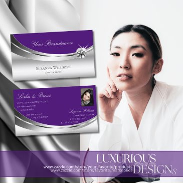 modern silver royal purple with photo and diamond business invitations
