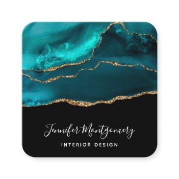 modern stylish teal agate & gold ribbon on black square business invitations