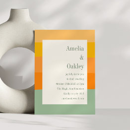 Small Modern Summer Orange Sage Green Stripe Wedding Invitation Front View