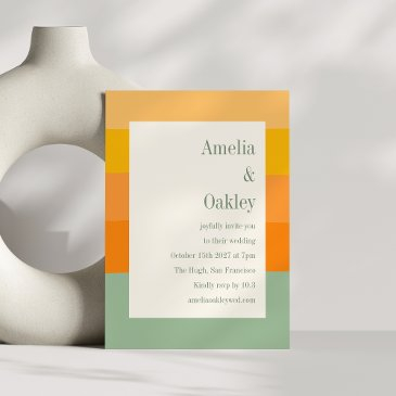 modern summer orange sage green stripe wedding invitation
