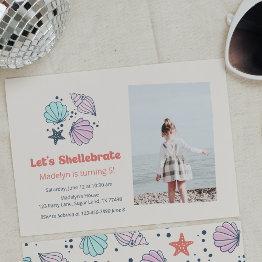 Small Modern Summer Shell Birthday Photo Invitation Front View