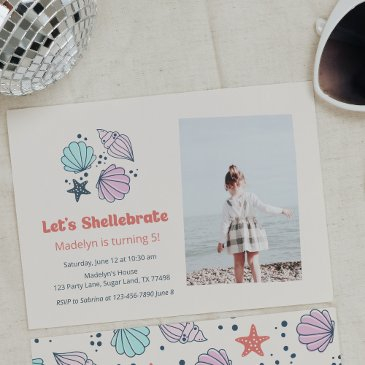 modern summer shell birthday photo invitation