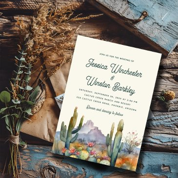 modern teal green desert cactus landscape wedding invitation