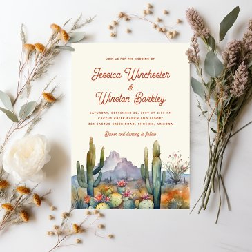 modern terracotta desert cactus landscape wedding invitation