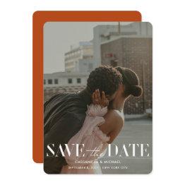Small Modern Terracotta Rust Red Wedding Save Date Invitation Front View