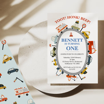 modern toot honk beep cars transport 1st birthday invitation