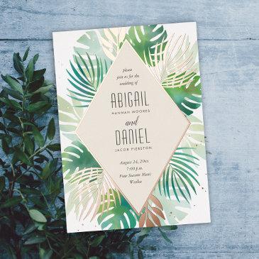 modern tropical botanical palm island wedding foil invitation