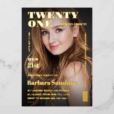 modern twenty one 21st birthday magazine gold foil invitation