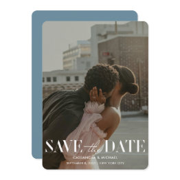 Small Modern Typography Blue Photo Wedding Save Date Invitation Front View