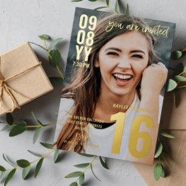 Small Modern Typography Photo Sweet 16 Gold Foil Invitation Front View