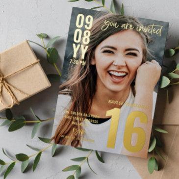 modern typography photo sweet 16 gold foil invitation