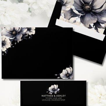 modern unique trendy elegant black floral wedding envelope