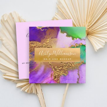 modern watercolor agate gold purple green aqua square business invitations
