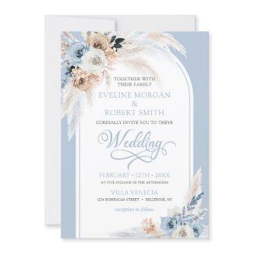 modern watercolor blue roses pampas tropical arch invitation