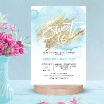modern watercolor blue sweet 16 sixteen " invitation
