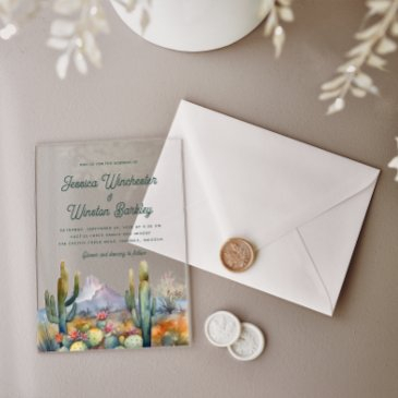 modern western teal green desert cactus landscape acrylic invitations