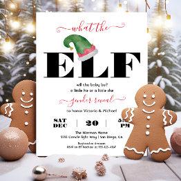 Small Modern What The Elf Gender Reveal Baby Shower Invitation Front View