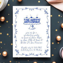 Small Modern Whimsical Cupcake Doodle Graduation Party Invitation Front View