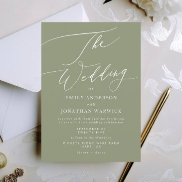 modern white and sage green simple wedding invitation