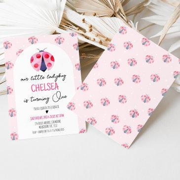 modern white arch pink ladybug 1st birthday invitation