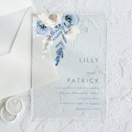 Small Modern White & Dusty Blue Wedding Acrylic Invitations Front View