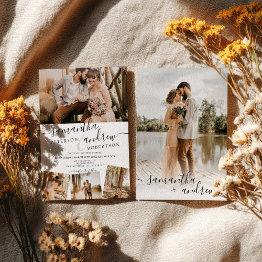 Small Modern White Minimalist Script 5 Photos Wedding Invitation Front View