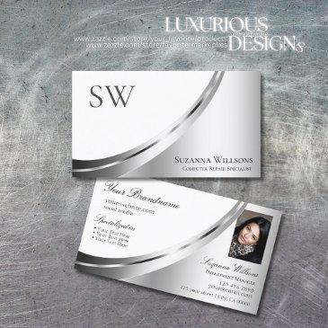 modern white silver decor with monogram and photo business invitations